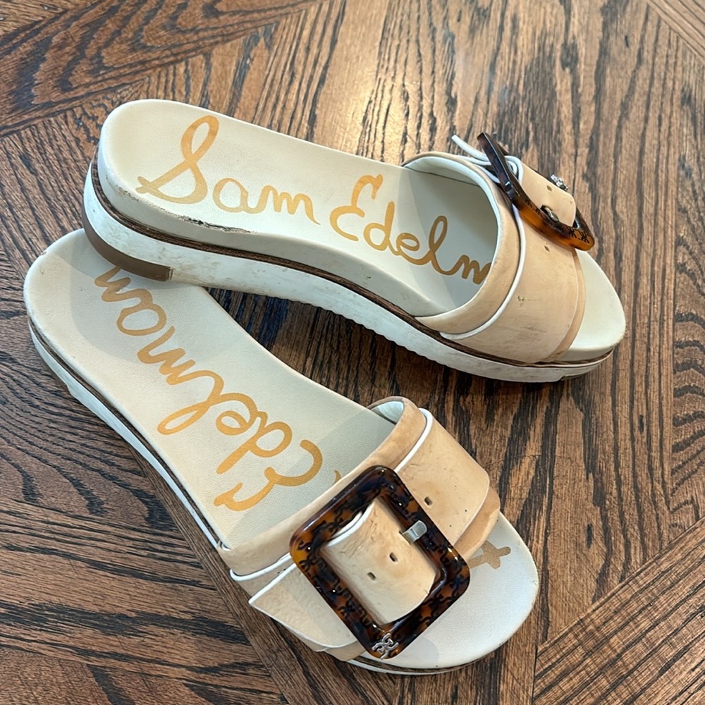 Sam Edelman Tan Cream Slide Sandals with Tortoise Buckle - Picture 2 of 11